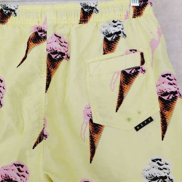 Neff Yellow & Brown Ice Cream Cone High Rise Aloha Swim Trunks Shorts 636 - Picture 4 of 8